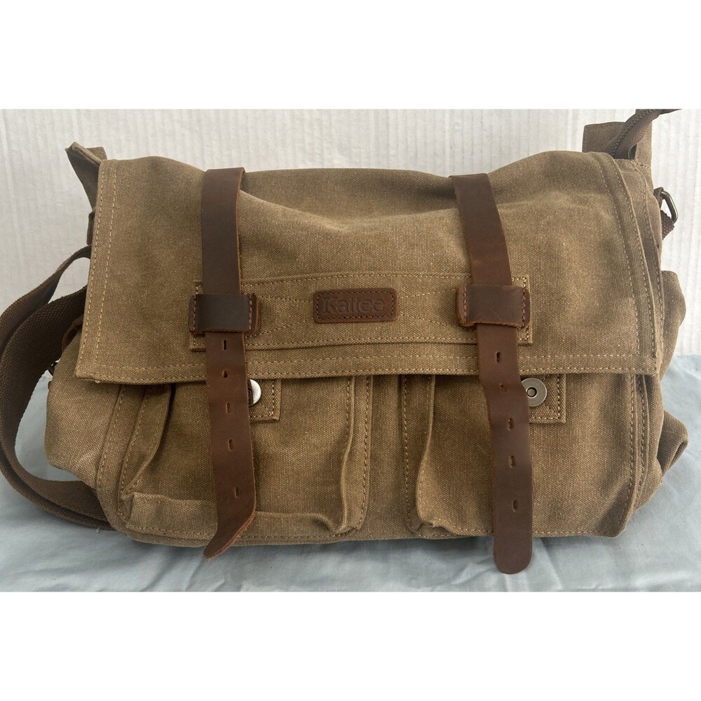 Kattee Leather Canvas Camera Bag Messenger Shoulder Bag Khaki